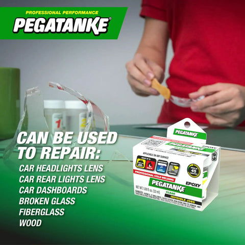 Transparent Two Part Epoxy Resin For Quick DIY Repairs And Cold Weld Adhesive, box and user applying to glass.