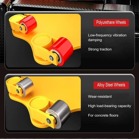 Heavy Duty Machine Skates And Rolling Dolly Plates Built Tough Rock Solid Platform Movers showing polyurethane and alloy steel wheels.