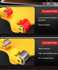 Close-up of Heavy Duty Machine Skates featuring polyurethane and alloy steel wheels, designed for heavy loads on concrete floors.