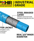 Cross-section of a 100Ft Pressure Washer Hose Three Eighths Inch 4800 Psi Kink Resistant Industrial Grade Wire Braided with labels