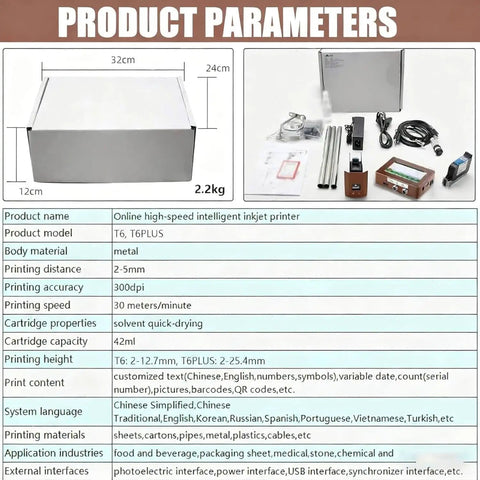 High Definition Continuous Inkjet Printer For Automatic Coding Dates Barcodes And Batch Numbers Print 25.4mm Width On Labels Images With Adjustable Sharpness Optimized Motherboard Stabilization Ensures Consistent High Quality Printing Performance with accessories and specifications.