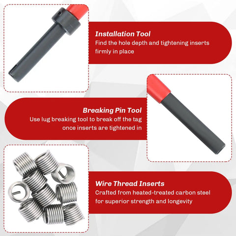 Installation tool, breaking pin, and wire thread inserts from 131-Piece Metric Helicoil Thread Repair Kit With HSS Drill Bits And Thread Inserts For M5 To M12 Pro-Grade DIY Repair Set For Automotive Motorcycle Equipment And Machinery Includes Durable Thread Inserts And Tools