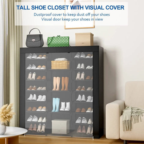 9-Tier Tall Shoe Rack With Dustproof Covers Holds 40 To 46 Pairs Closed Shelves Shoe Cabinet Organizer For Garage Or Bedroom, Sneaker Storage Stand in living room