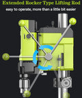 Powerful 880W Bench Drill Press With Adjustable Speed And Integrated Vise showing extended rocker type lifting rod for easy operation.