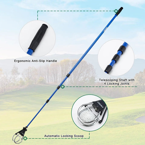 Telescoping Golf Ball Retriever With 12 To 15 Foot Reach, Stainless Locking Head, Aluminum Extendable Shaft, Ergonomic Handle