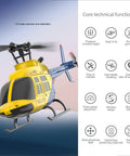 A60 206 Remote Control Helicopter For Adults And Beginners, 4CH RC Heli, yellow, shown with core technical functions infographic