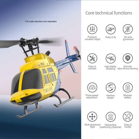 A60 206 Remote Control Helicopter For Adults And Beginners, 4CH RC Heli, yellow, shown with core technical functions infographic