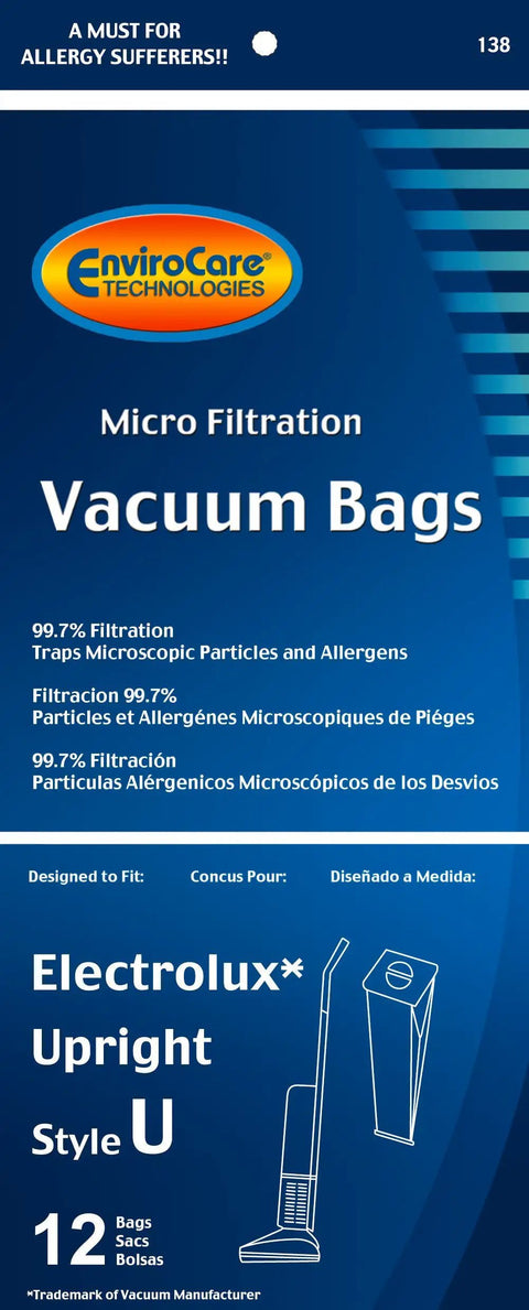 EnviroCare micro filtration vacuum bags packaging for Electrolux upright style U, 12-pack, highlighting 99.7% filtration