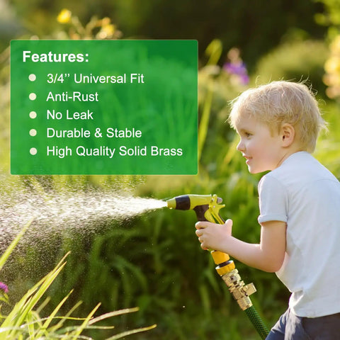 Child using a Solid Brass Garden Hose Quick Connector Set Three Quarter Inch Fittings No Leak Easy Connect Male And Female 6 Pack