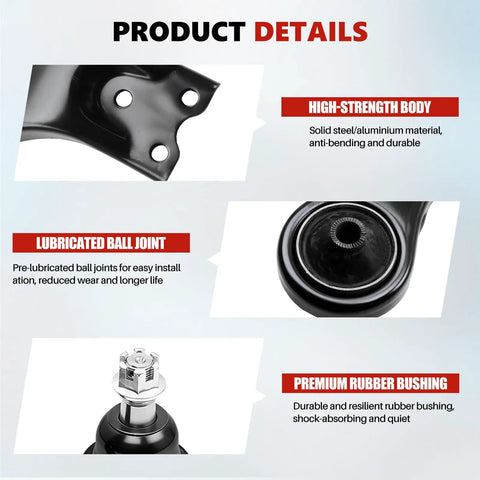 Toyota Front Lower Control Arm 8pc Kit Fits Camry 2012 to 2017 and Avalon 2013 to 2018 Includes Front Lower Left and Right Control Arms Sway Bar End Links Outer Tie Rod Ends Premium Replacement Suspension Parts, steel body, ball joint and rubber bushing close-up