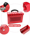 Lockout Tagout Lock Box Kit For Safer Workspaces Four Pack Portable Safety Padlock Box with steel construction and multiple views