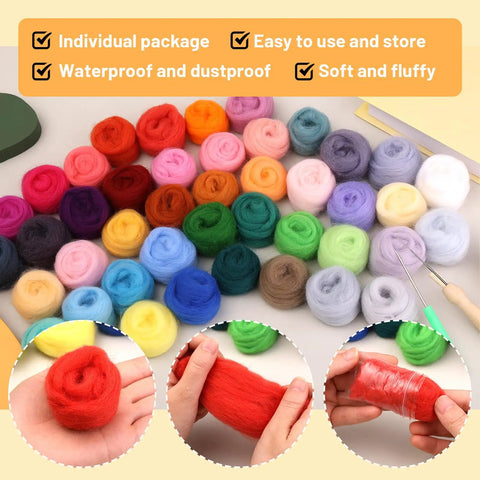 Beginner Friendly 45 Colors Needle Felting Kit With Tools Needles Eyes Scissors Storage Bag And Box All In One DIY Handcraft Starter Set For Creative Felt Projects At Home showing colorful wool
