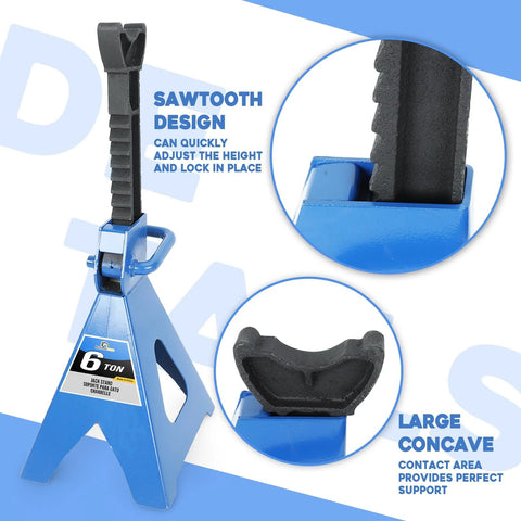 Blue 6-ton steel automotive jack stand with adjustable height 14.6 to 24 in and sawtooth lifting bar