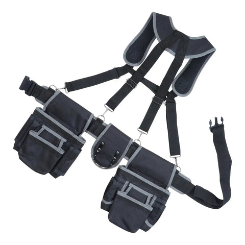 Professional Carpenter Tool Belt With Adjustable Suspenders Multi Pocket Hammer Loop And Built Tough Weight Distribution For The Daily Jobsite Grind, featuring gray canvas with multiple pockets and shoulder straps.