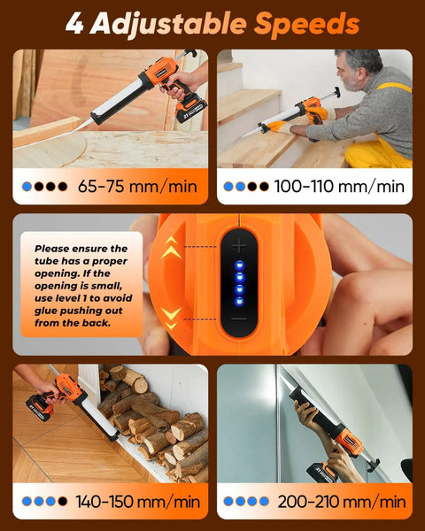 Cordless Caulking Gun Drip Free With LED Light, 4 Speed Settings shown in various positions and speeds on different surfaces