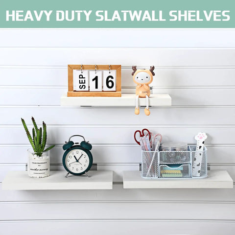 4 Pack Wooden Slatwall Shelves With 8 Metal Hooks Built To Last And Garage Ready For Quick Setup In Your Home Or Workshop With 16.1 Inch Deep 6.7 Inch Wide And 1.1 Inch High Slatwall Organizer Set For Garage And Workbench Storage.