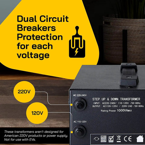 Rugged 1000W Voltage Converter Transformer with dual circuit breakers for 110V to 220V step up down, CE certified, close-up view