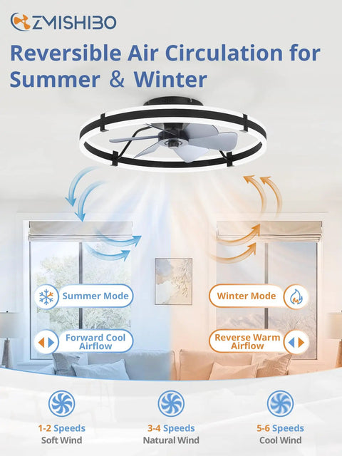 ZMISHIBO 2 Pack 24 Inch Ceiling Fans with Lights and Remote, Black showing reversible air circulation for summer and winter use.
