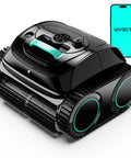 Cordless Robotic Pool Vac For Inground And Above Ground Pools With 4 In 1 Cleaning Smart Navigation And App Control Up To 1614 Sq Ft 150 Minute Runtime 3038 GPH Suction Forest Green And Black, shown with smartphone app.