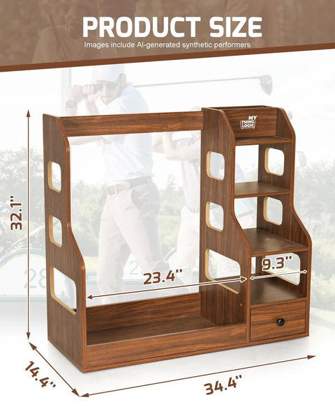 Double Golf Bag Storage Rack For Two Full-Size Bags with dimensions, sturdy wooden organizer showing shoe shelves, ball holder, and drawer.