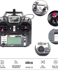 Front view of 2.4GHz AFHDS2A RC Transmitter and iBus Receiver Bundle for FPV Drones, showing controls and features.