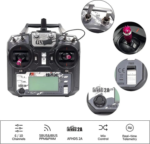 Front view of 2.4GHz AFHDS2A RC Transmitter and iBus Receiver Bundle for FPV Drones, showing controls and features.