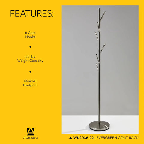 Tall Brushed Steel Coat Rack With Six Hooks For Coats Bags Purses And Hats Space Saving Entryway Organizer Standing 67 Inches In Height For Small Apartments