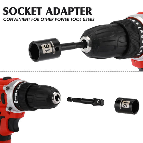 Socket adapter attached to a power drill, illustrating compatibility for various power tools