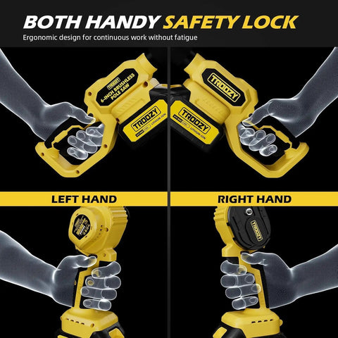 2-In-1 Cordless Pole Saw And 6 Inch Chainsaw with safety lock for left and right hand use, ergonomic design.