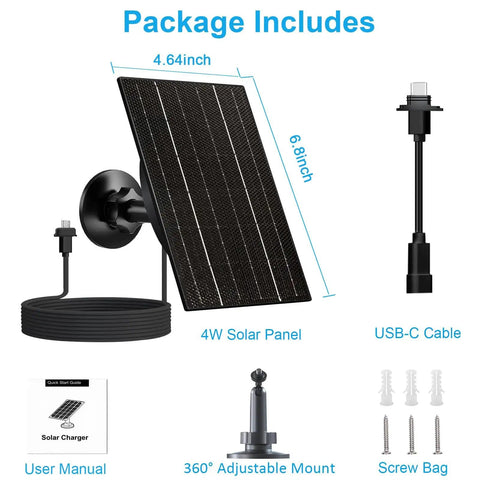 4W High Efficiency Solar Panel For Blink Outdoor Cameras with USB-C cable, manual, adjustable mount, and screws in package