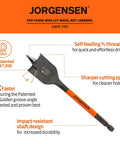 Jorgensen spade drill bit with orange shaft and black head; carbon steel paddle bit with self-feeding 3/4-thread tip.