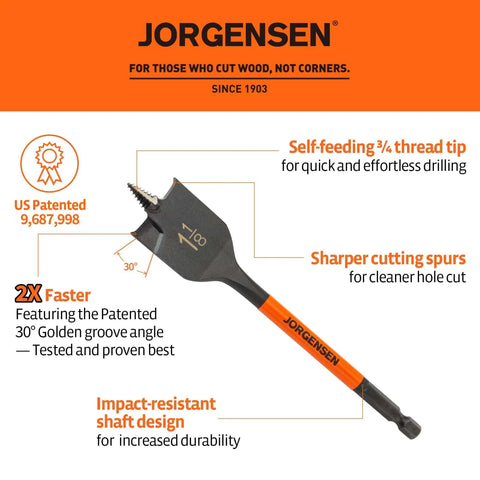 Jorgensen spade drill bit with orange shaft and black head; carbon steel paddle bit with self-feeding 3/4-thread tip.