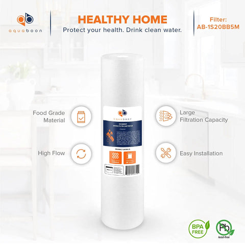 5 Micron Whole House Sediment Filter Cartridge 20 Inch By 4.5 Inch Replacement Water Filter For Your Home Use Compatible With DGD-5005-20 FP25B AP810-2 4 Pack displayed with packaging and icons highlighting benefits