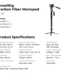 Carbon Fiber Camera Monopod Featuring Smooth One Button Height Adjustment Hella Compact Design Shoots Rock Solid Five Kilogram Payload Perfect For Videographers Seeking Straight Fire Stability And Daily Studio Shots, shown with specifications.