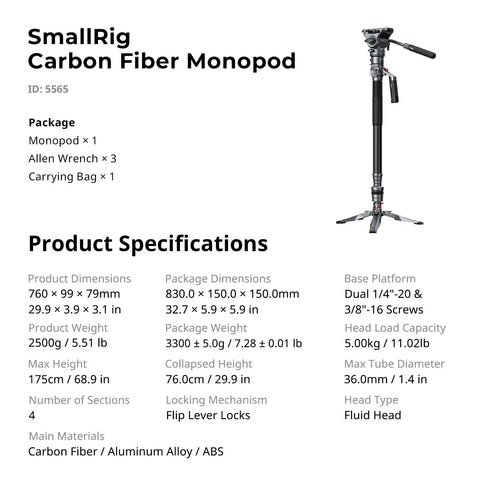 Carbon Fiber Camera Monopod Featuring Smooth One Button Height Adjustment Hella Compact Design Shoots Rock Solid Five Kilogram Payload Perfect For Videographers Seeking Straight Fire Stability And Daily Studio Shots, shown with specifications.