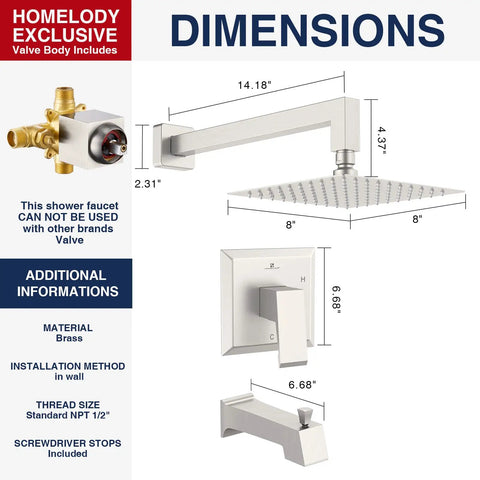 Dimensions and components of Brushed Nickel Shower Trim Kit With Valve Included, featuring 8-inch rainfall shower head and fixtures.