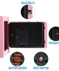 Electronic Digital Safe Box 0.23 Cubic Feet With Keypad Lock, pink with internal view showing bolts, battery compartment, reset button.