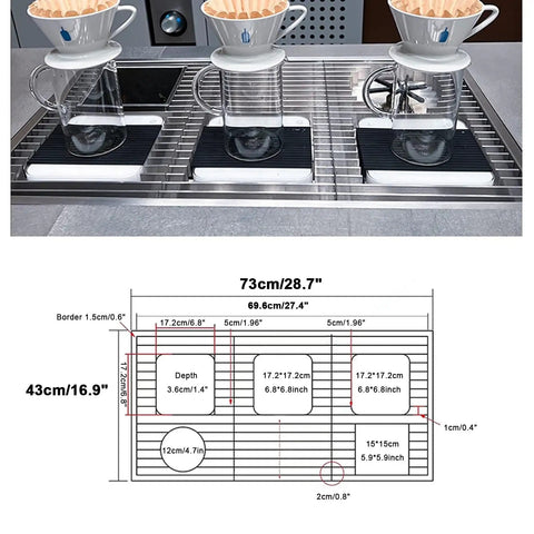Dang Solid Stainless Steel Bar Glass Rinser With Integrated Drain Tray For Quick Cup Washing In Home Kitchens And Local Pubs Slick Design And Zero Hassle Setup, featuring dimensions and setup on a counter.