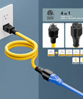 Heavy Duty Three Foot Nema 5 15P To 5 15R 5 20R 6 15R 6 20R AC Adapter connected to wall outlet with yellow cable.