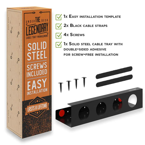 Under Desk Cable Management Tray No Drill For Glass Desks Heavy Duty Carbon Steel Cable Organizer Rack Black Wire Tray 17 Inch shown with packaging, screws, cable straps, and installation template.