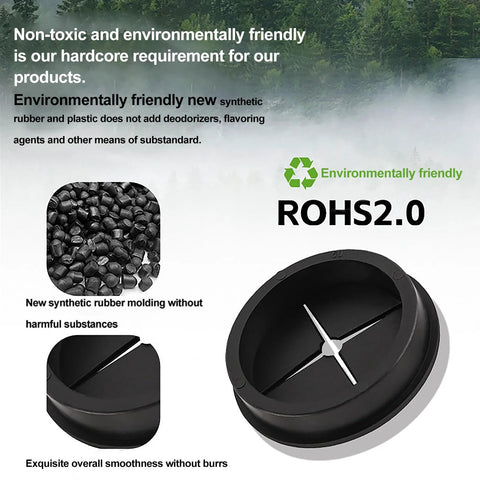 One And Three Quarter Inch Cable Grommet Five Pack Flexible Rubber Wire Hole Plugs For Industrial Control Panels And UPS Enclosures Black 45 Millimeter Diameter Heavy Duty Durable Sealing And Cable Management Solution For Enclosures, showcasing non-toxic, environmentally friendly rubber with ROHS2.0 compliance.