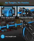 Heavy Duty Retractable Air Hose Reel Featuring Smooth Auto Rewind Action And Sixty Five Foot Industrial Compressor Hose showing 4 rollers and adjustable guides.