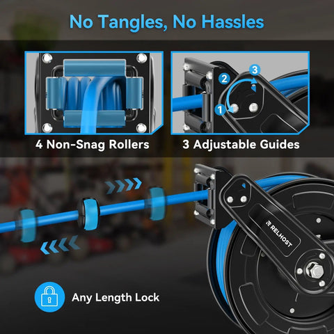 Heavy Duty Retractable Air Hose Reel Featuring Smooth Auto Rewind Action And Sixty Five Foot Industrial Compressor Hose showing 4 rollers and adjustable guides.
