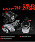 Upgraded Engine And Transmission Mount Set With Torque Strut Bracket For Chevy Aveo And Pontiac Models showing three mount types.