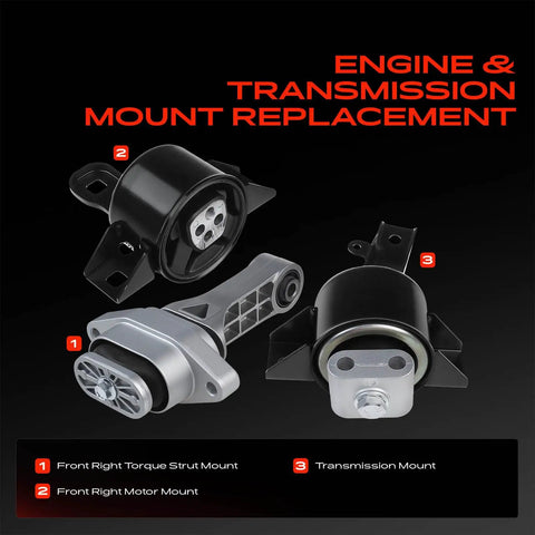 Upgraded Engine And Transmission Mount Set With Torque Strut Bracket For Chevy Aveo And Pontiac Models showing three mount types.