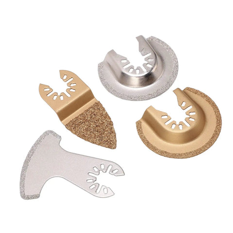 Pro Grade 4 Piece Oscillating Saw Blades Set with Carbide Segment for grout, tile, and masonry projects, shown in gold and silver finish.