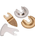 All In One Oscillating Saw Blades Set For Grout And Ceramic Tile Removal, 4 Pcs Semi Circle Finger Grit Carbide Blades on white backdrop