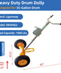 Heavy-Duty 55 Gallon Drum Dolly With Massive 16 Inch Pneumatic Tires For All Terrain Mastery, showing 1000 lb capacity with ergonomic handle.
