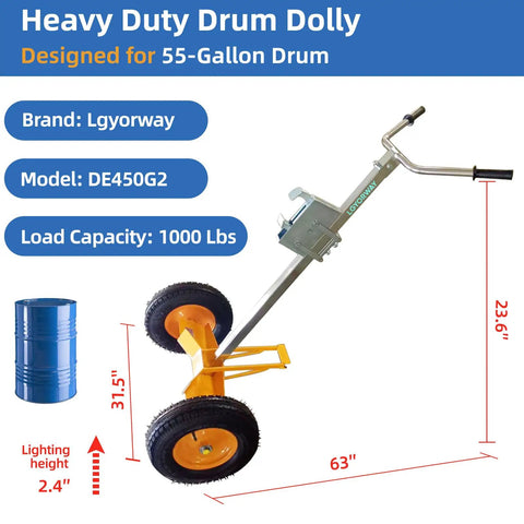 Heavy-Duty 55 Gallon Drum Dolly With Massive 16 Inch Pneumatic Tires For All Terrain Mastery, showing 1000 lb capacity with ergonomic handle.