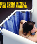 Extend A Shower RV Rod Hinged Folding Adjustable Shower Curtain Rod For RV And Camper Bathrooms Space Saving Satin Finish Fits 35 To 40 Inch Openings Included displayed with hanging curtain in shower setting